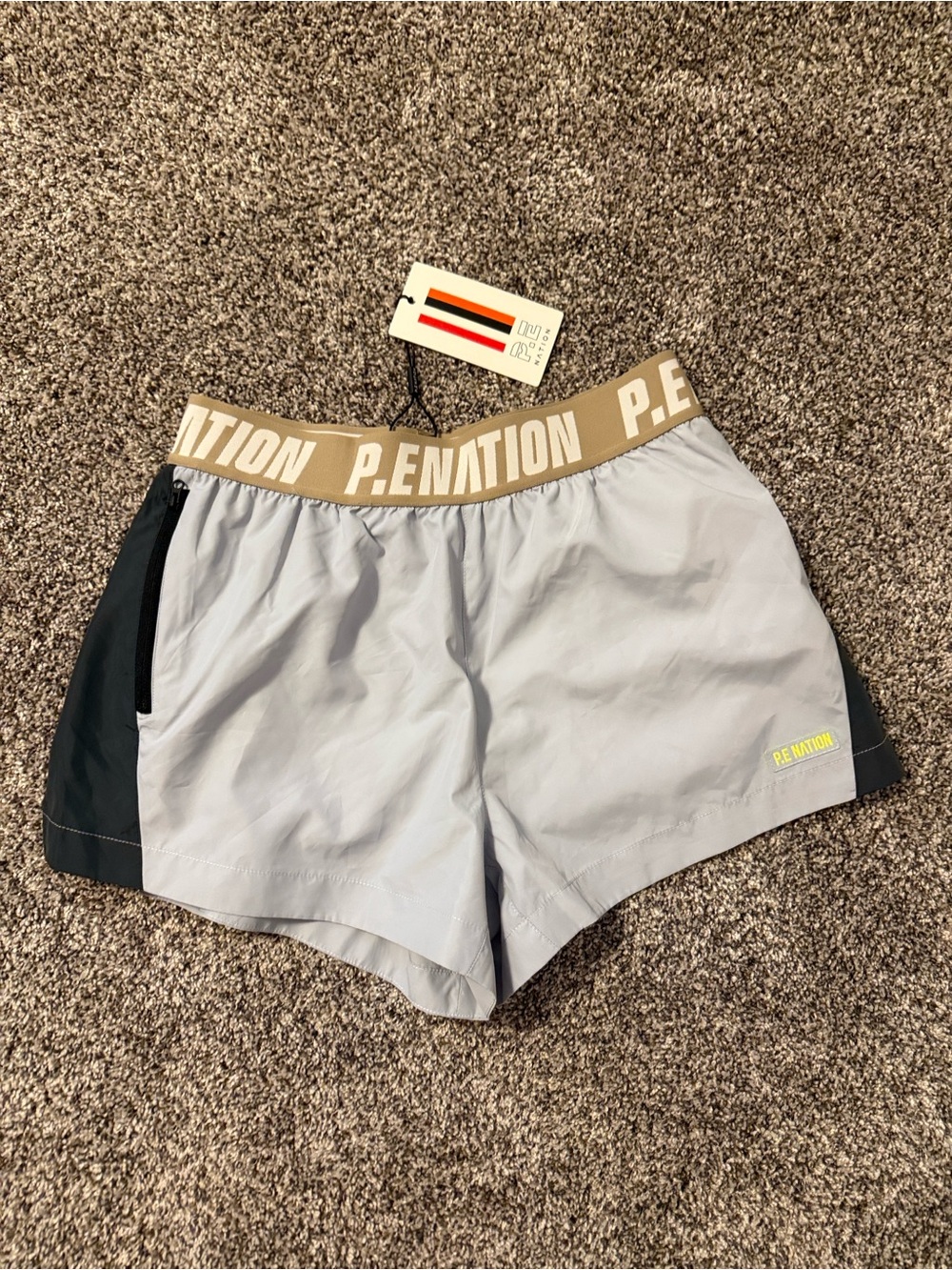 P.E Nation Light Gray Athletic Shorts with Tan Branded Waistband